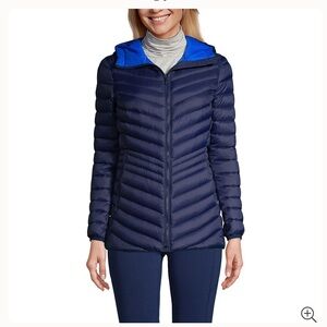 Lands End Navy Blue Wanderweight Hooded down Jacket - Sz L - Deep Sea Navy
